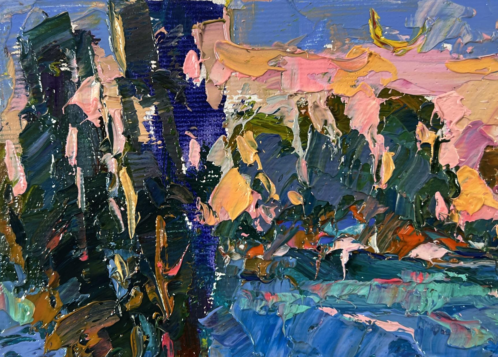Oil painting Morning nature by Oksana Ivanyuk abstract expressionist textured blues greens pinks yellows