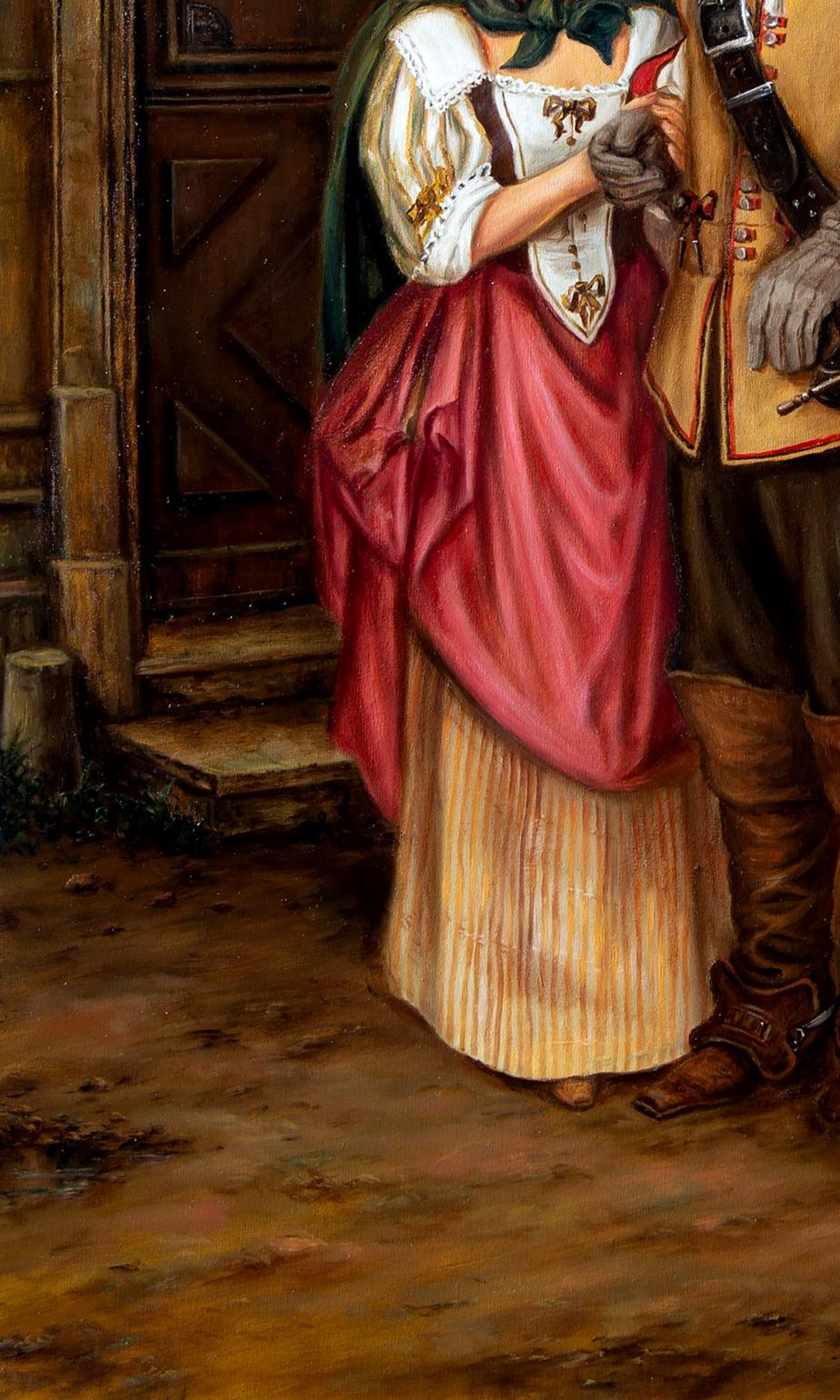 Oil painting Maybe in the Future by Valeriy Bulat: woman in red satin bodice