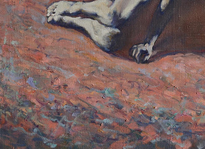 Oil painting Colour dream by Oleg Kateryniuk: muscular leg on red-orange-blue ground