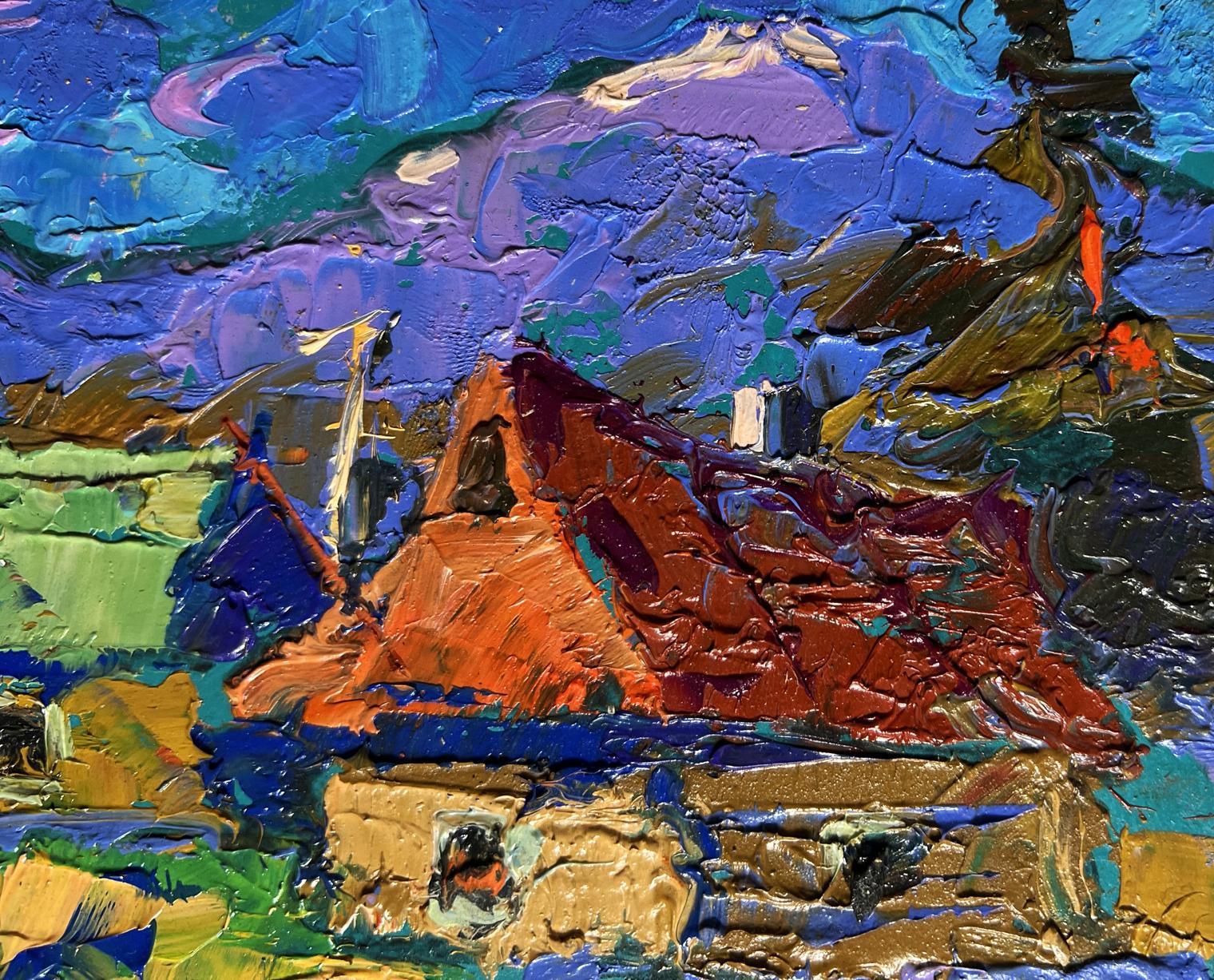 Vibrant impressionist oil painting of village, blue mountains and rustic house by Oleksiy Ivanyuk