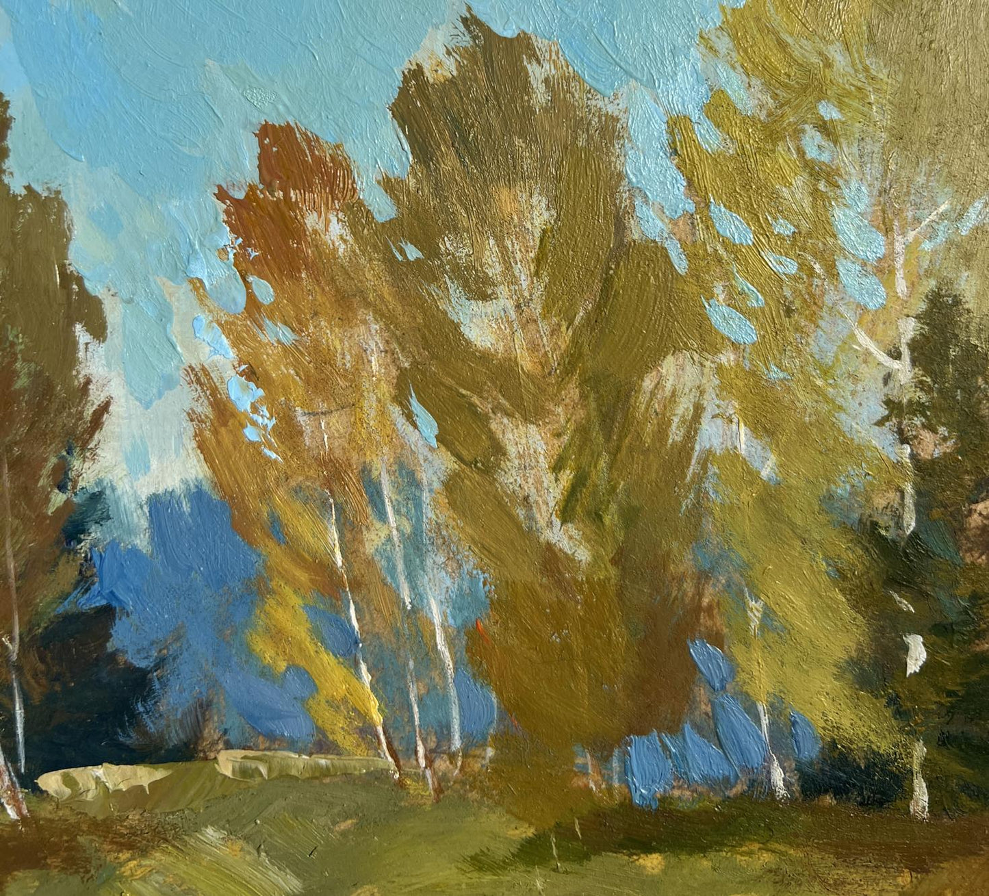 Oil painting of autumn forest reflection in pond by Yuriy Suprunchuk