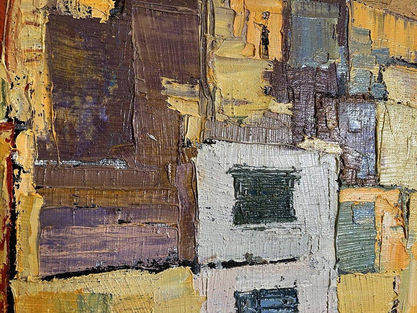 Abstract expressionist oil painting by Serhiy Kovalev with yellow, brown, purple, white textured layers