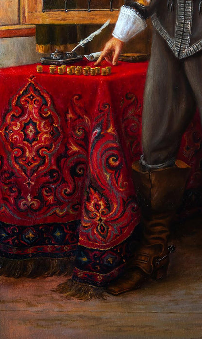 Oil painting Aramis Golden Dreams Valeriy Bulat on embroidered red tablecloth