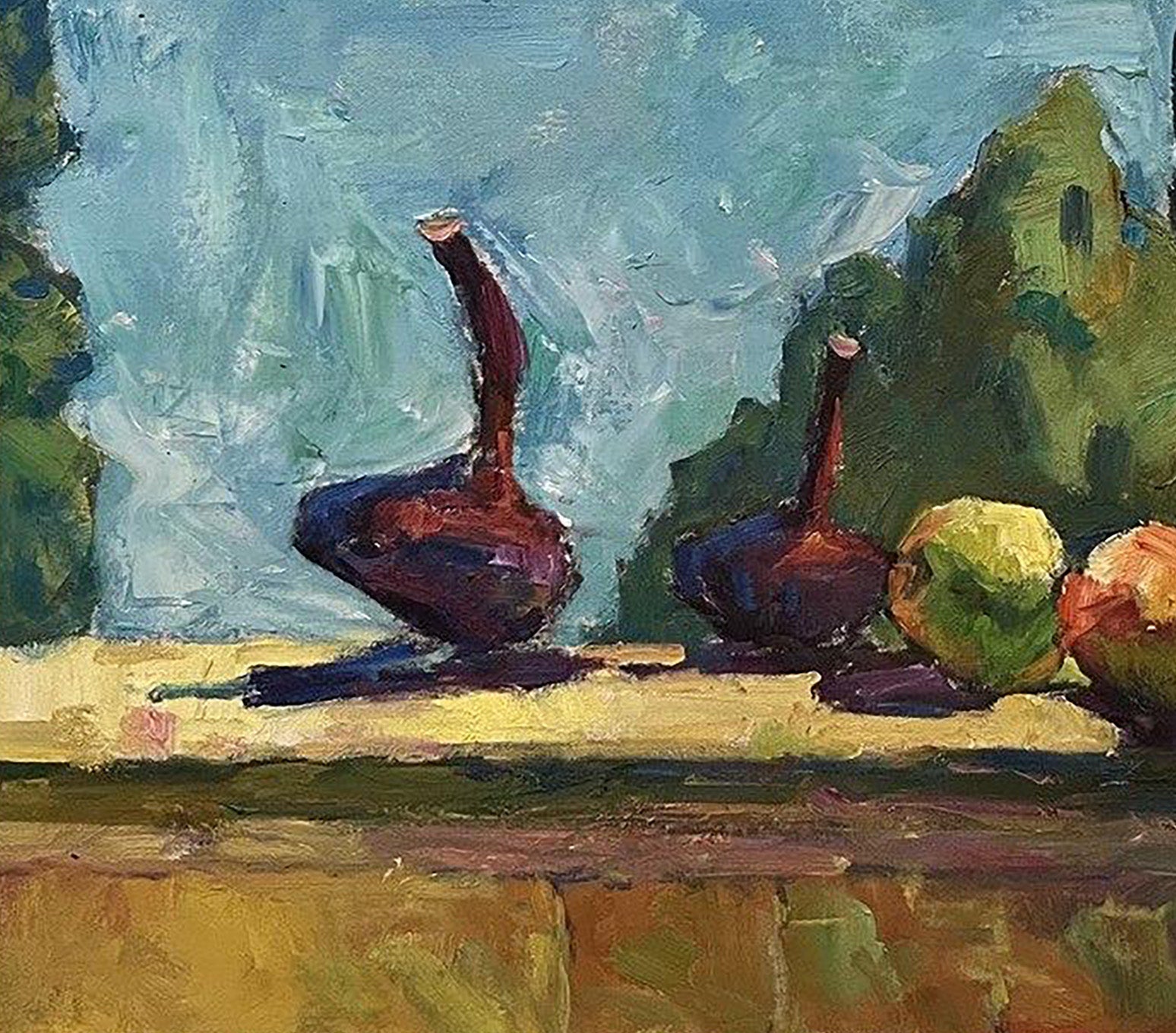 Oil painting by Oleksandr Andreev: dark purple figs on yellow surface