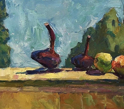 Oil painting by Oleksandr Andreev: dark purple figs on yellow surface