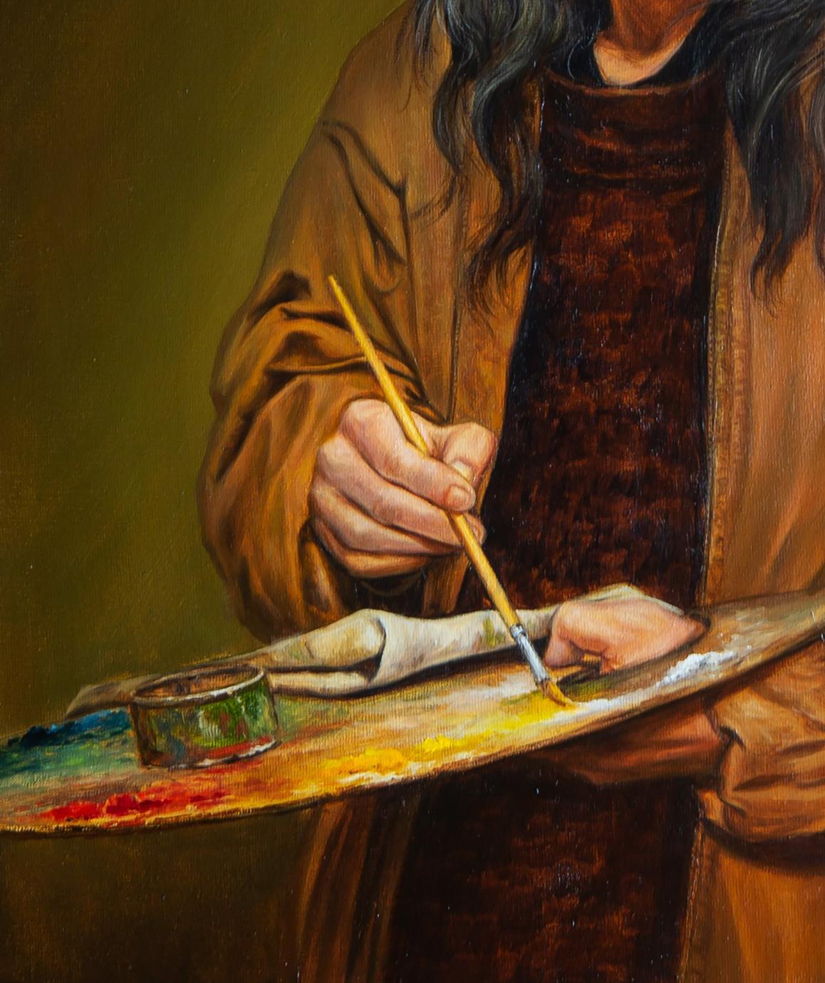 Oil painter’s wooden palette with vibrant streaks near green container by Valeriy Bulat