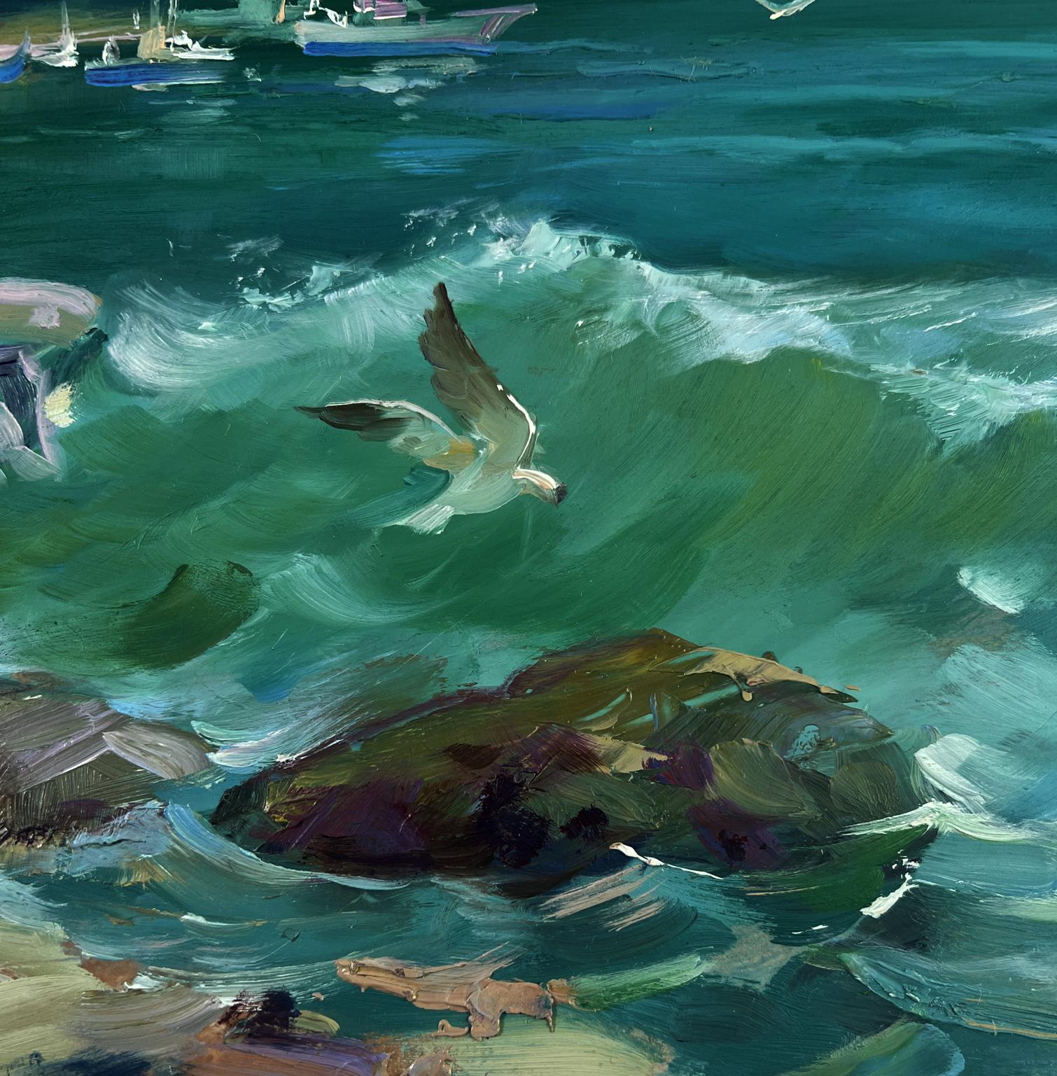 Seagull soars over turbulent teal waves in Yuriy Suprunchuk oil painting