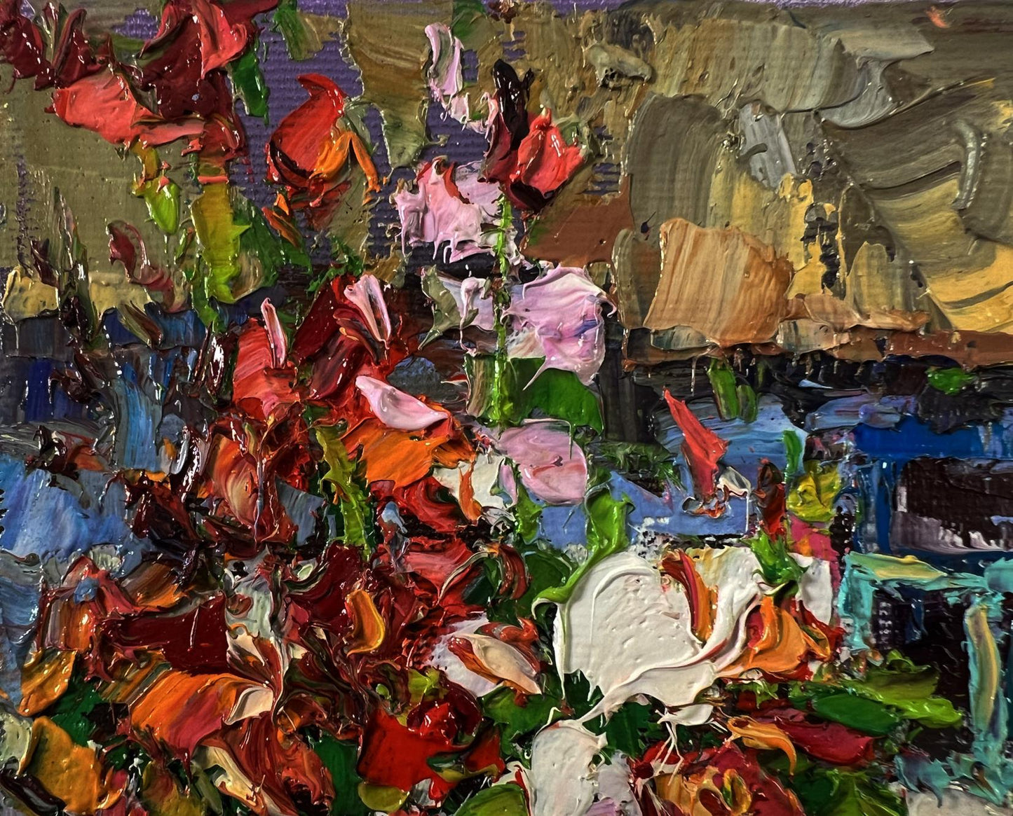 Vibrant impressionist oil painting Flowers near the house by Oksana Ivanyuk