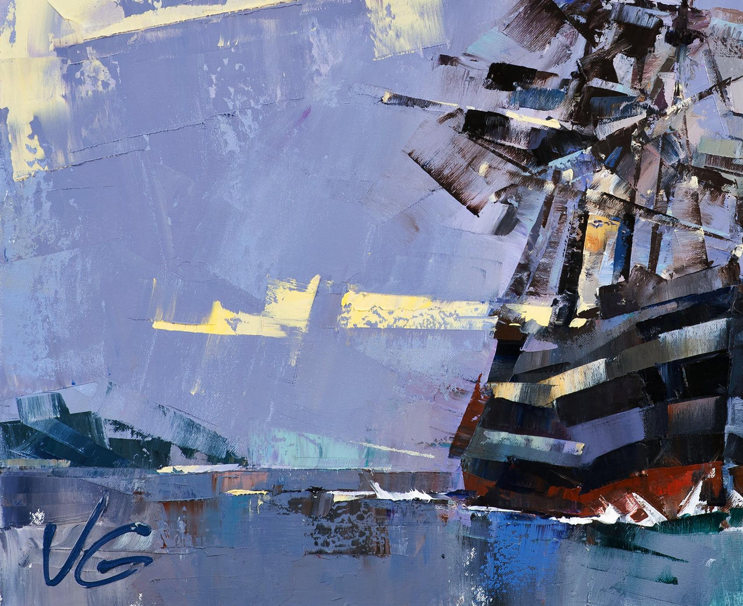 Abstract oil painting Ghost Ship by Volodymyr Gluhomanyuk in blue, gray, yellow