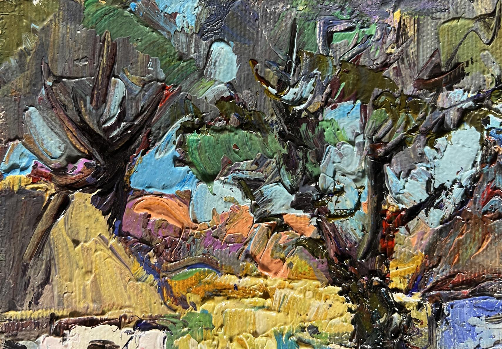 Impasto textured landscape oil painting by Oleksiy Ivanyuk, Country summer morning