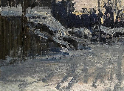 Oil painting Gentle Snow by Volodymyr Pashchenko, dimly lit textured street scene