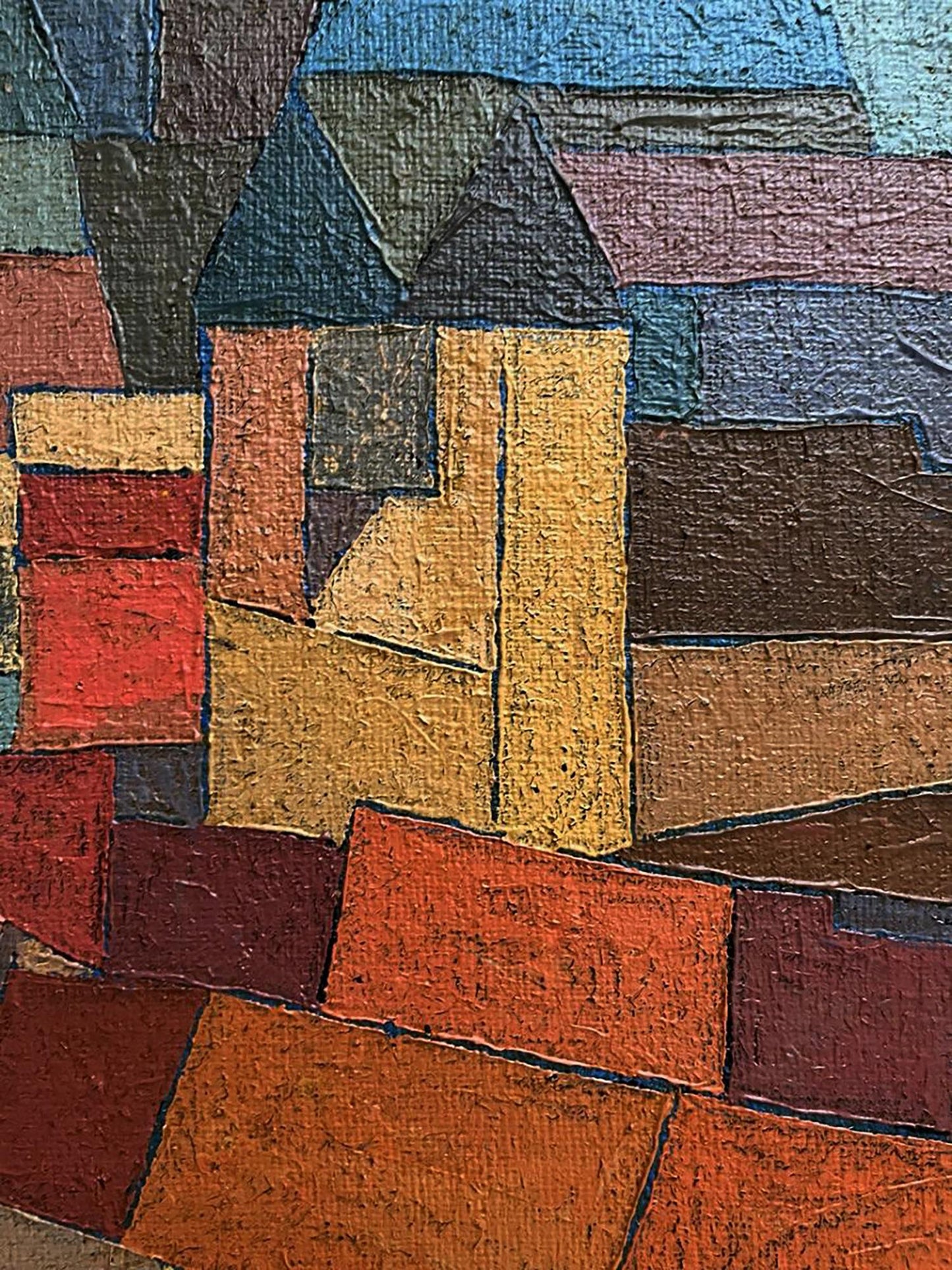 Oil painting Evening city by Serhiy Kovalev with earthy geometric blocks
