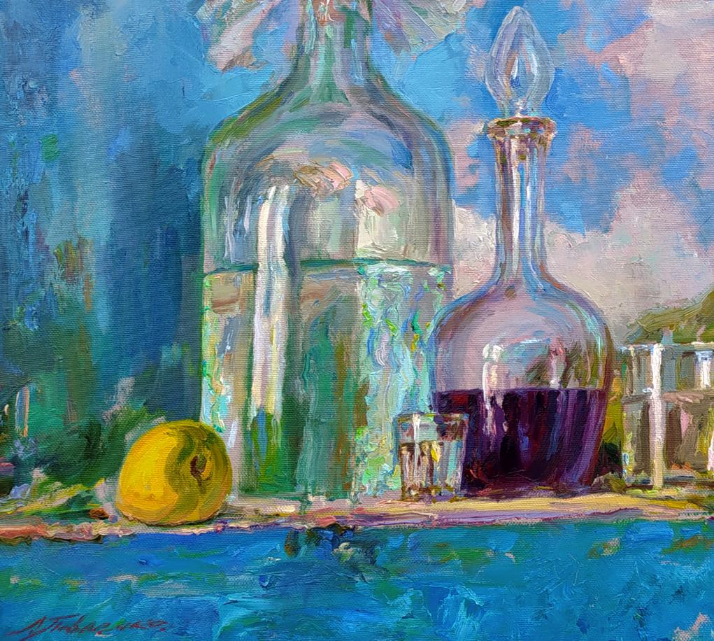 Oil painting of Leonid Pavlenko’s alcohol: purple decanter on table