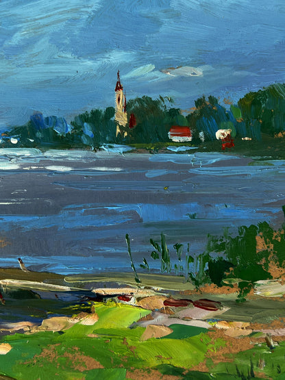 Oil painting Bridge by the River by Yuriy Suprunchuk, church steeple reflection