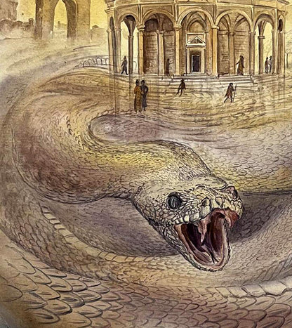 Watercolor painting The gate of paradise by Dmytro Startsev with coiled snake