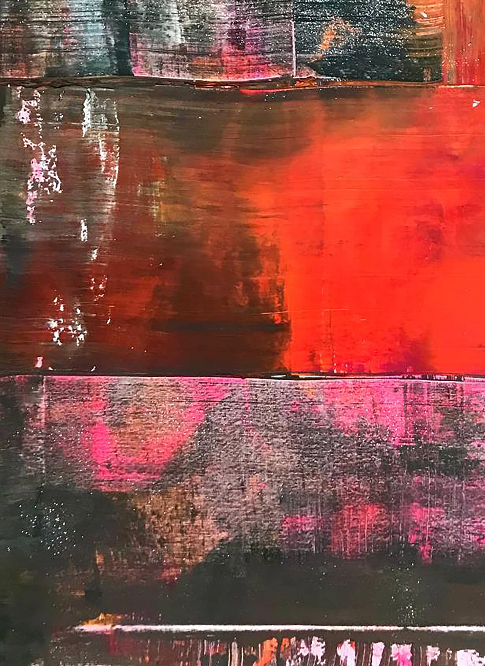 Abstract acrylic painting LOVE by Olga Melezhik with bold red, black, and pinkish-purple bands