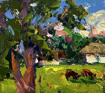 Vibrant impressionist oil painting of cows grazing in meadow by Oksana Ivanyuk