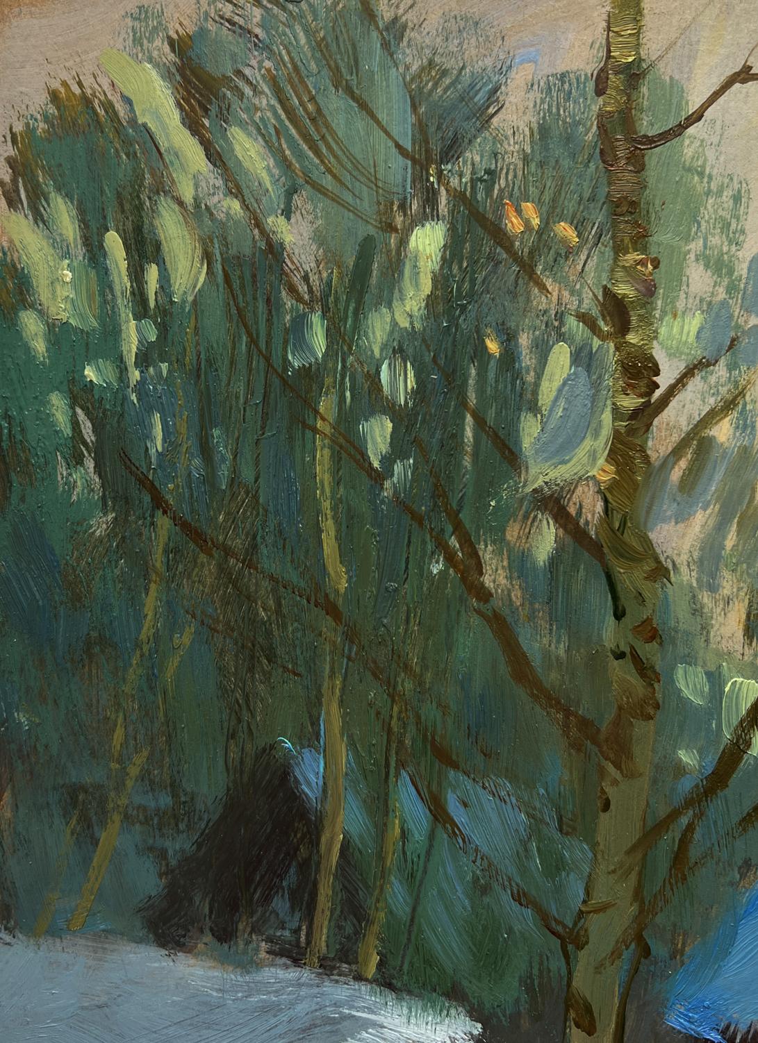 Textured oil painting of winter sunset forest by Yuriy Suprunchuk