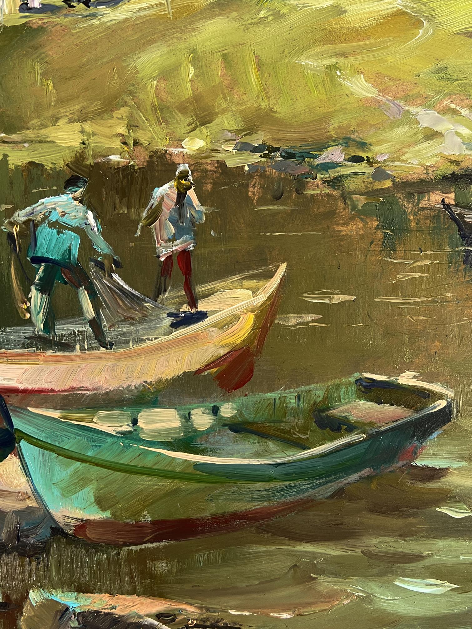 Oil painting of weathered green red rowboat in calm water by Yuriy Suprunchuk
