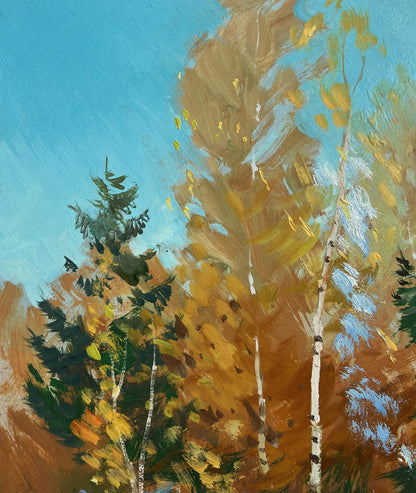 Vibrant autumn forest oil painting by Yuriy Suprunchuk with birch trees