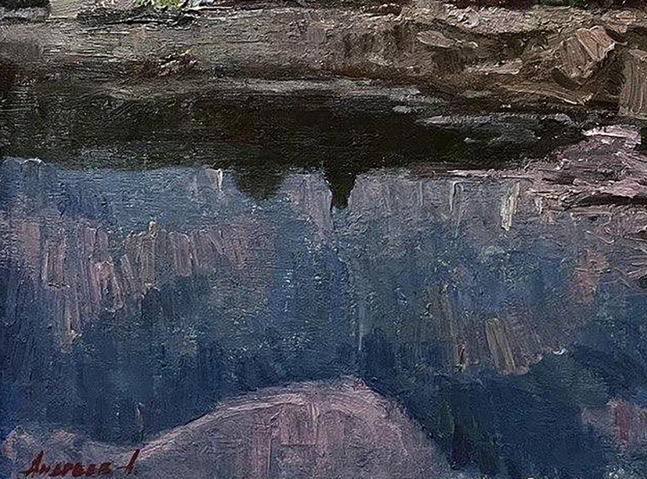 Oil painting Twilight by Oleksandr Andreev: rugged canyon with blue water