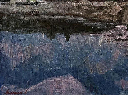 Oil painting Twilight by Oleksandr Andreev: rugged canyon with blue water