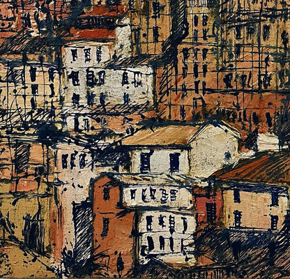Oil painting graphic of the city by Serhiy Kovalev in warm ochre tones