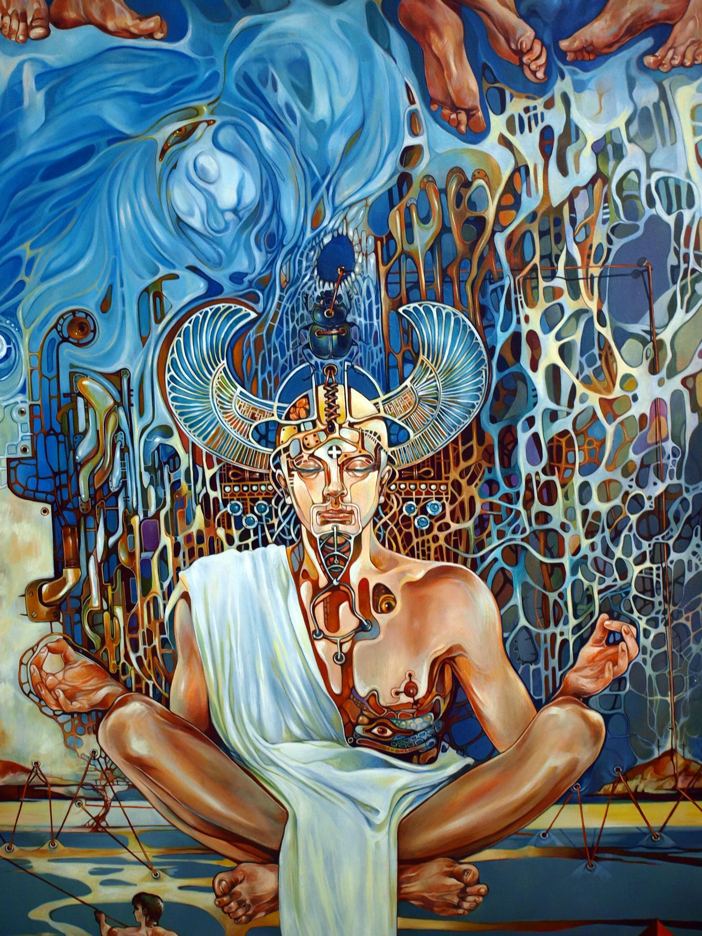 Surreal oil painting Arjuna by Konsta G. Amelinn with robed figure and metallic wings
