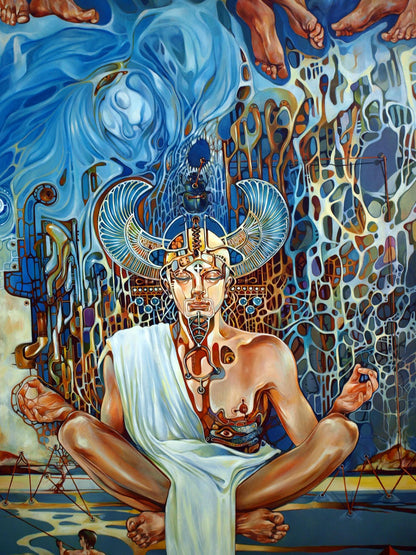 Surreal oil painting Arjuna by Konsta G. Amelinn with robed figure and metallic wings