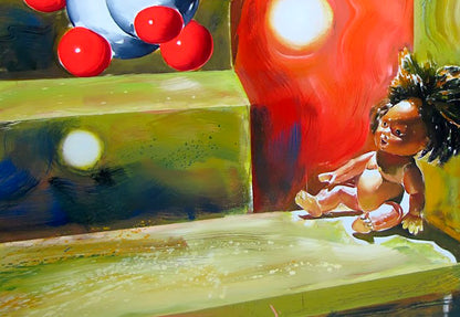Oil painting Good night by Igor Konovalov: figure doll with spiky hair on green surface