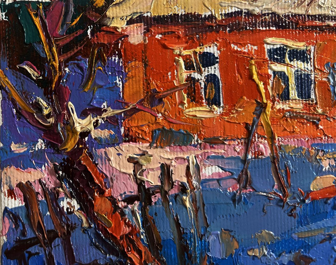 Oil painting The last days of winter by Oksana Ivanyuk, red brick building