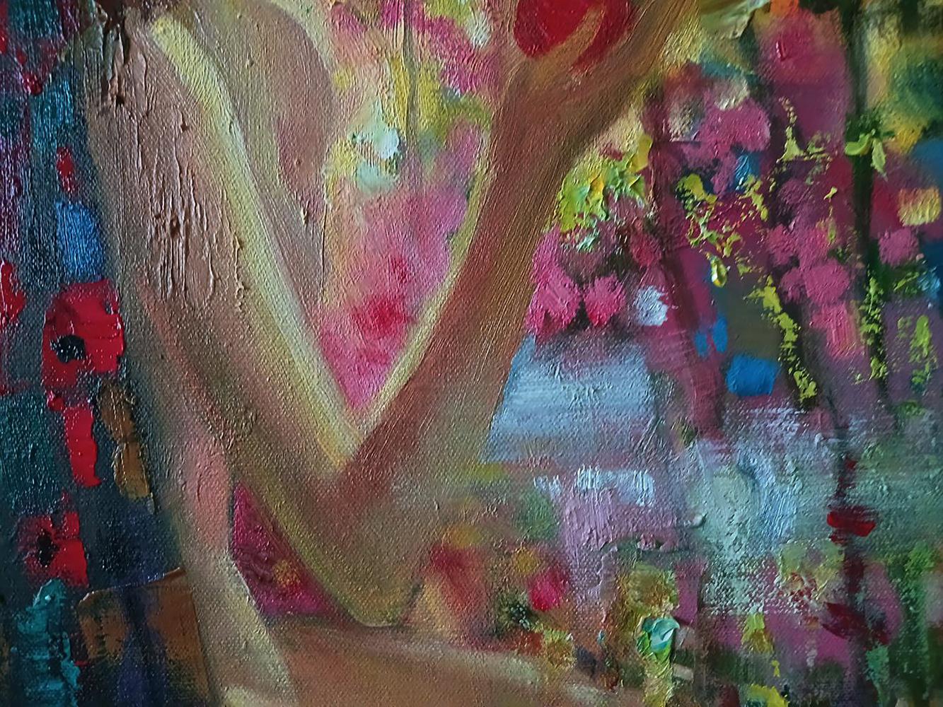 Abstract oil painting Morning Woman by Anatoly Tarabanov with vibrant flowers