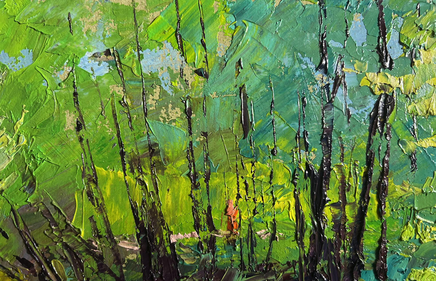 Oil painting Warm days of spring by Boris Serdyuk: vibrant green black tree trunks