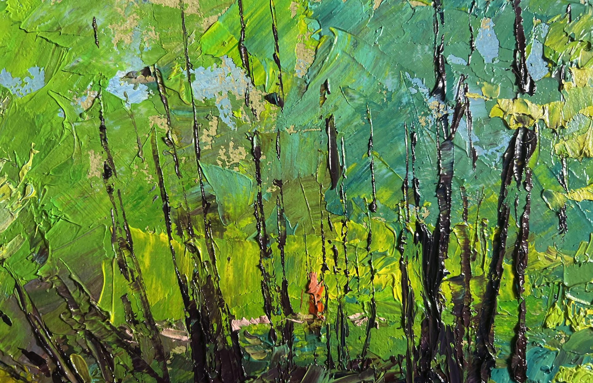 Oil painting Warm days of spring by Boris Serdyuk: vibrant green black tree trunks
