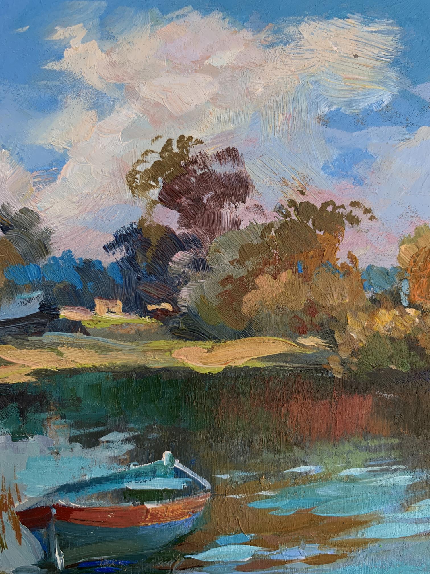 Oil painting by Yuriy Suprunchuk: small blue red rowboat on calm water