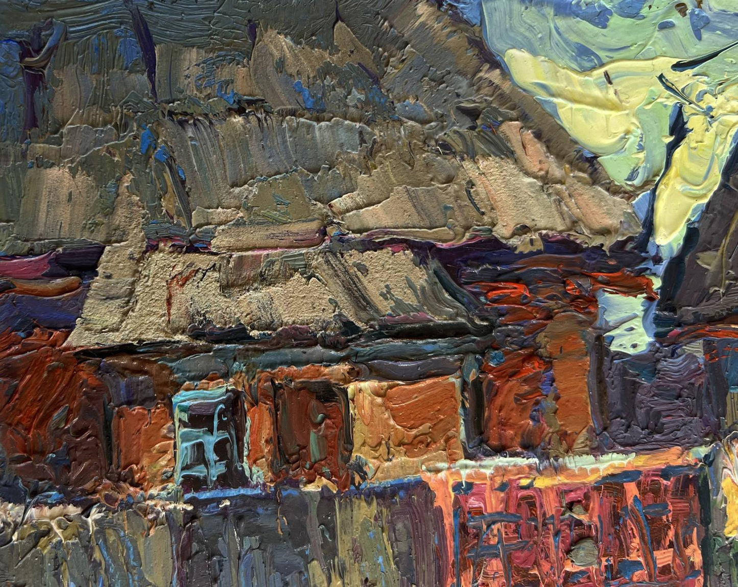 Impasto oil painting of sunset behind rooftops by Oksana Ivanyuk