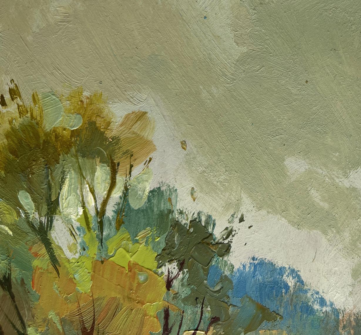 Oil painting At the village church by Yuriy Suprunchuk impressionistic foliage