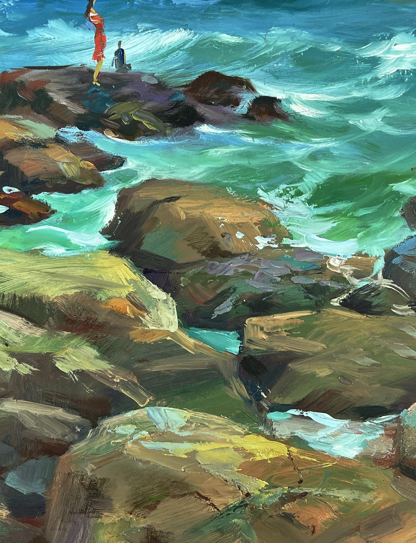 Oil painting of turquoise waves crashing on rocks by Yuriy Suprunchuk