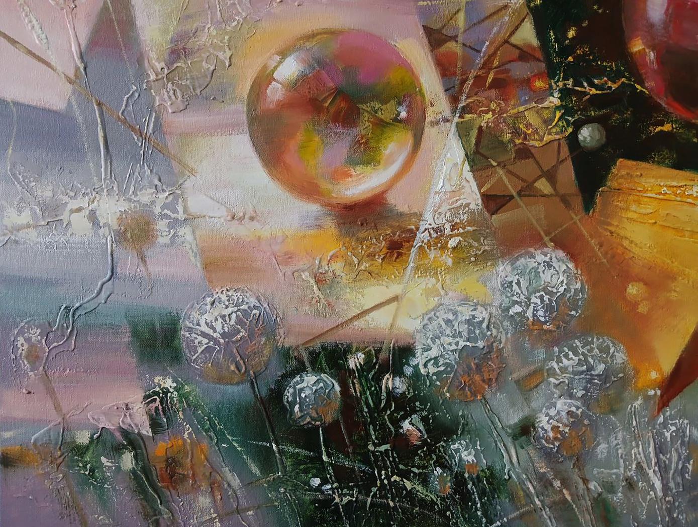 Glossy multicolored glass sphere in Abstract oil painting Golden day by Anatoly Tarabanov
