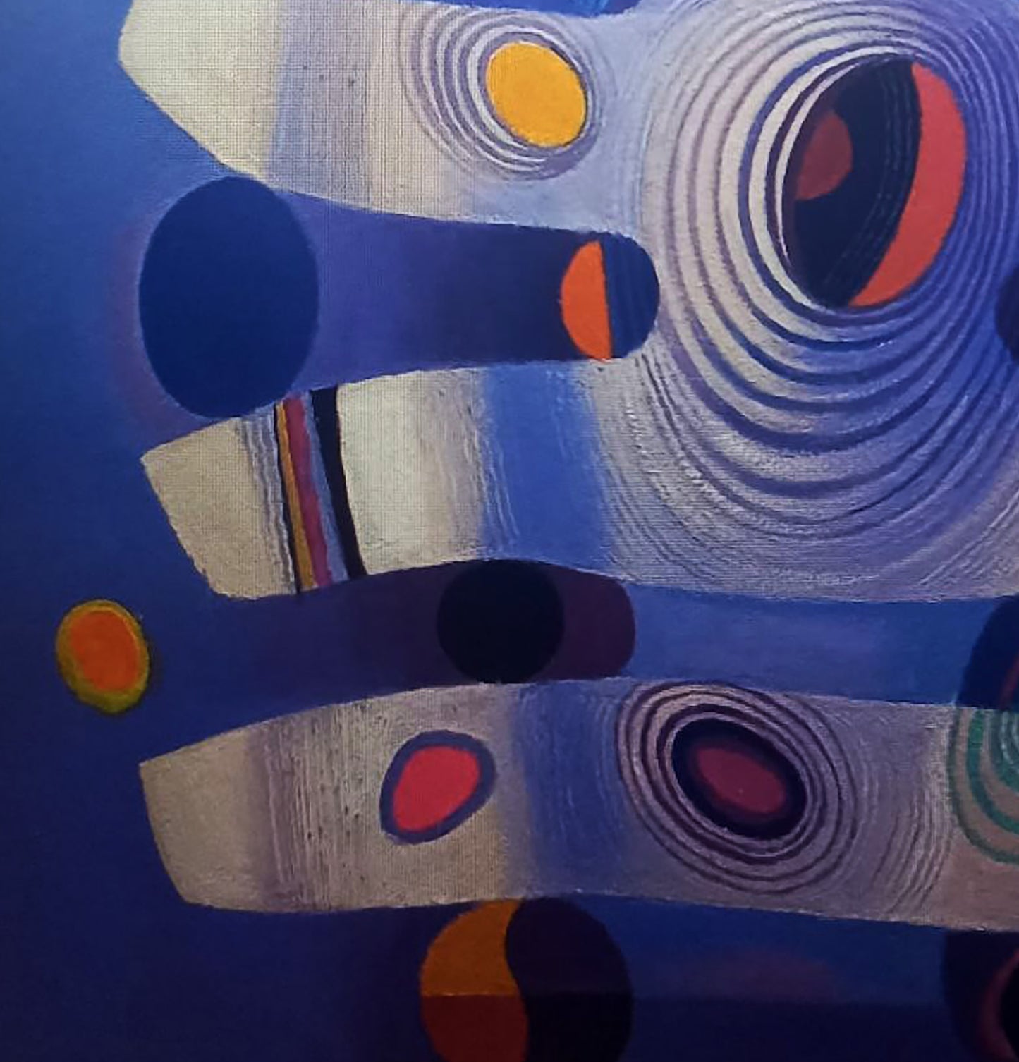 Oil painting by Alexander Strashevich: swirling blue, white, orange circles on indigo