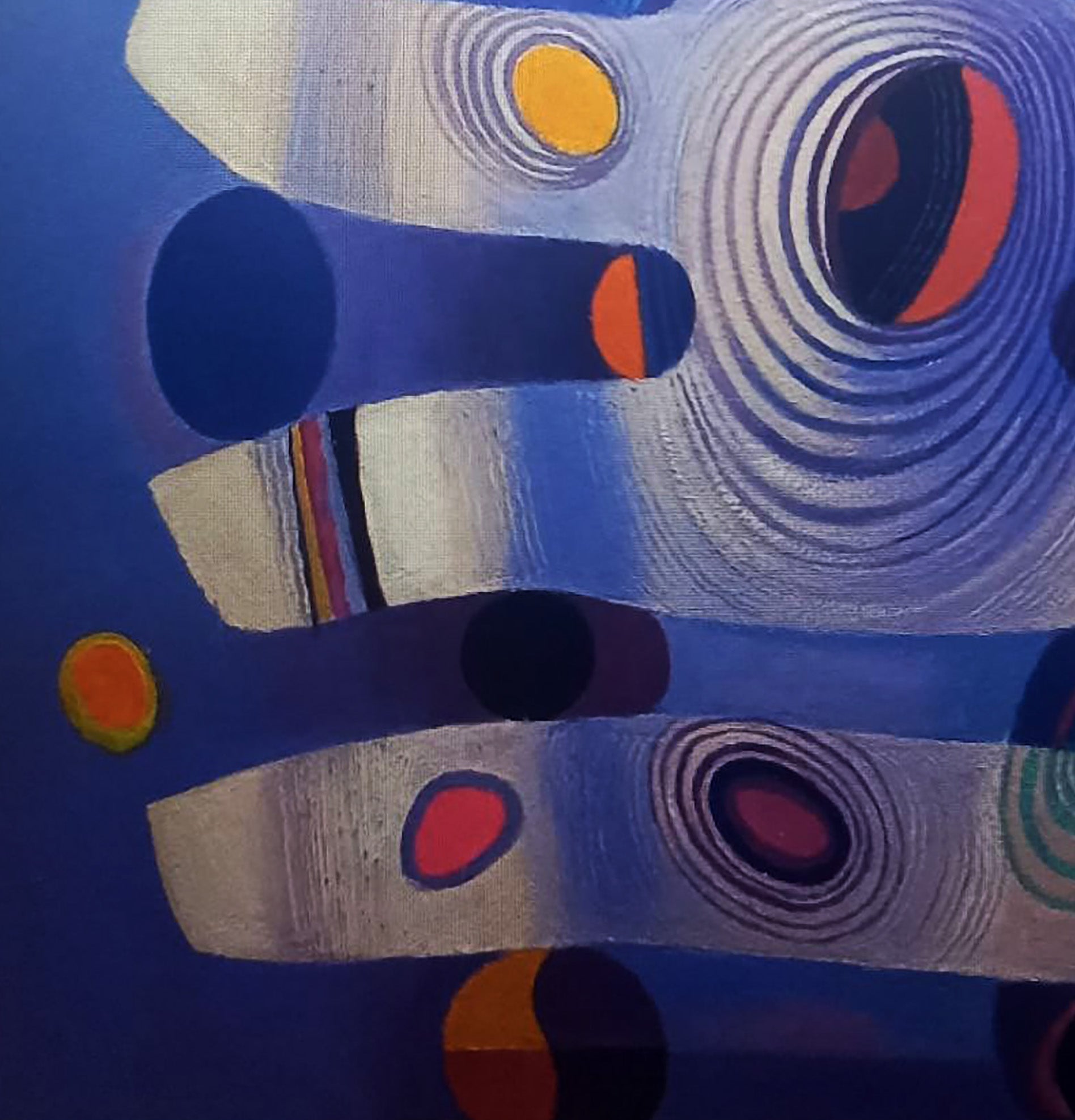 Oil painting by Alexander Strashevich: swirling blue, white, orange circles on indigo