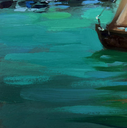 Oil painting of wooden sailboat with brown hull in turquoise water by Yuriy Suprunchuk