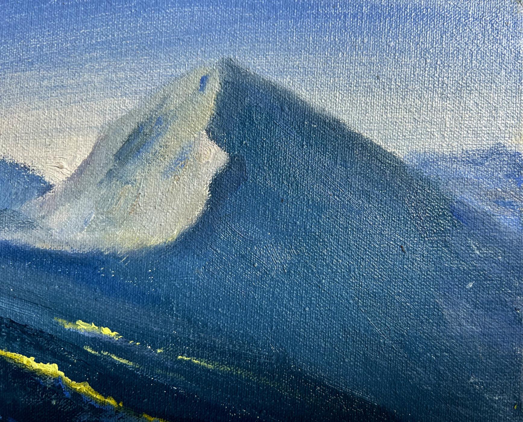 Oil painting by Tatyana Derdey of snow-capped mountain peak in blues and whites