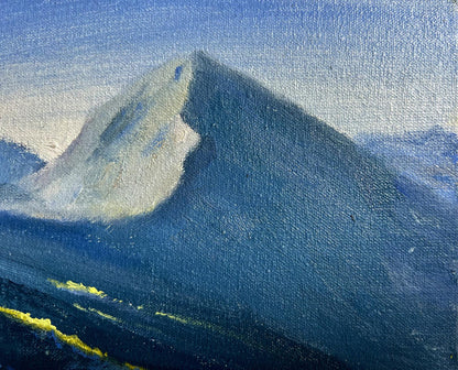 Oil painting by Tatyana Derdey of snow-capped mountain peak in blues and whites