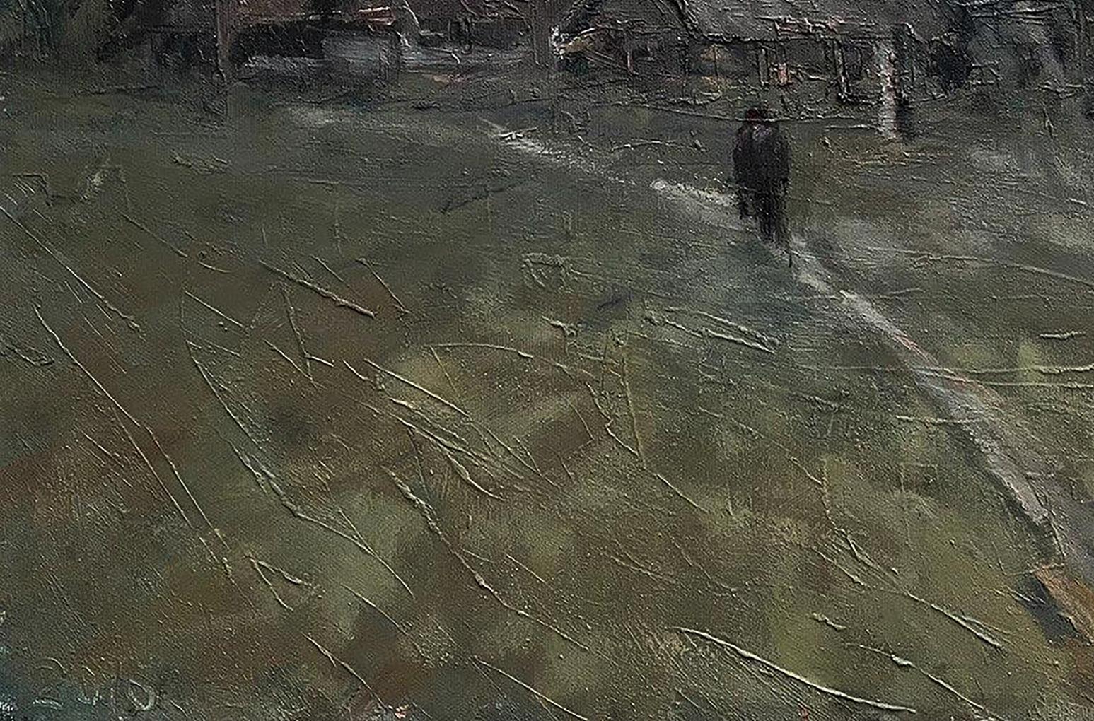 Oil painting Cold September by Volodymyr Pashchenko: solitary figure walks away down earth-toned path under overcast sky