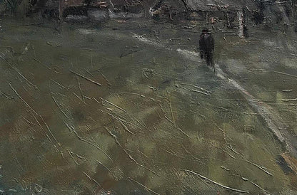 Oil painting Cold September by Volodymyr Pashchenko: solitary figure walks away down earth-toned path under overcast sky