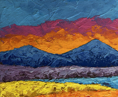 Oil painting Orange sunset behind the mountains by V. Zadorozhnya