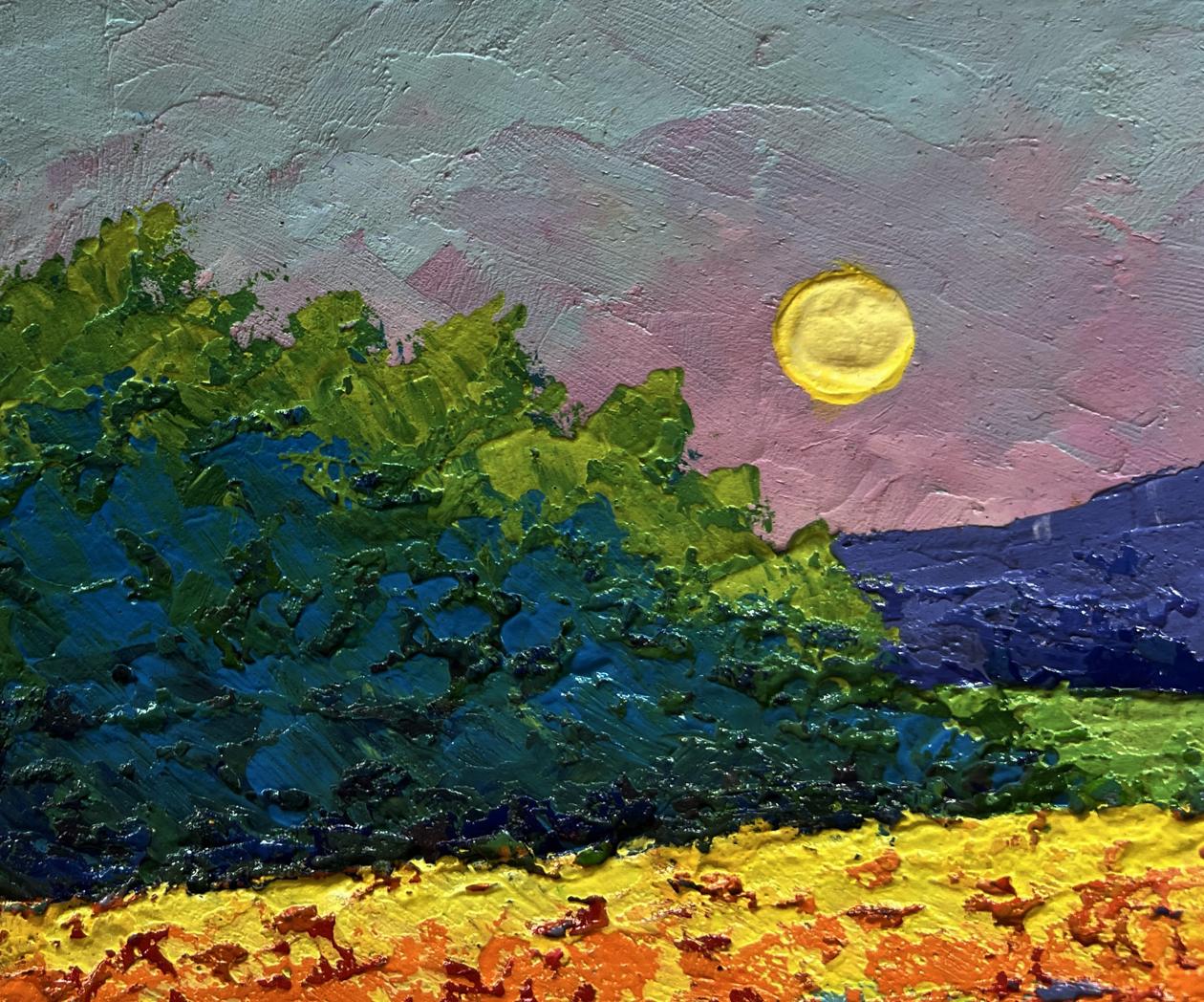 Oil painting of meadows and forest in sunset glow by V. Zadorozhnya