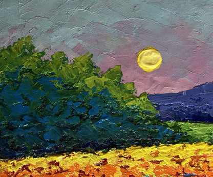 Oil painting of meadows and forest in sunset glow by V. Zadorozhnya