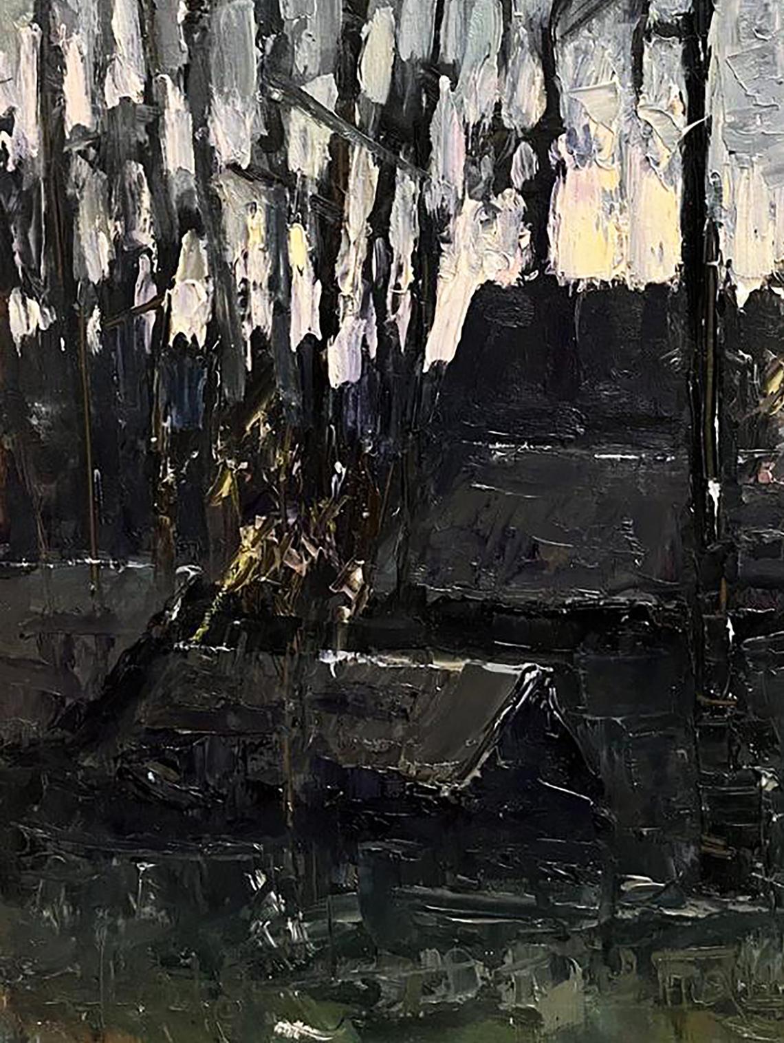 Oil painting Cold evening with hot tea by Volodymyr Pashchenko abstract expressionist grays